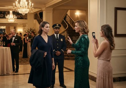 Woman confronted by her stepmother and a security guard during an elegant hotel gala while her father watches from the background.
