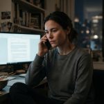 A woman sitting beside three glowing computer monitors in her Manhattan apartment while receiving a tense late-night phone call.