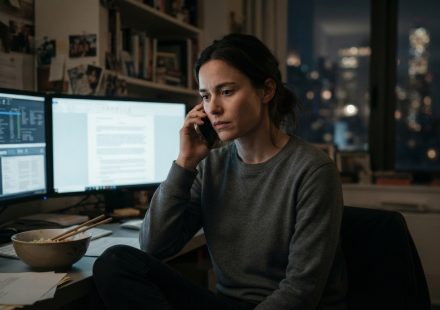 A woman sitting beside three glowing computer monitors in her Manhattan apartment while receiving a tense late-night phone call.