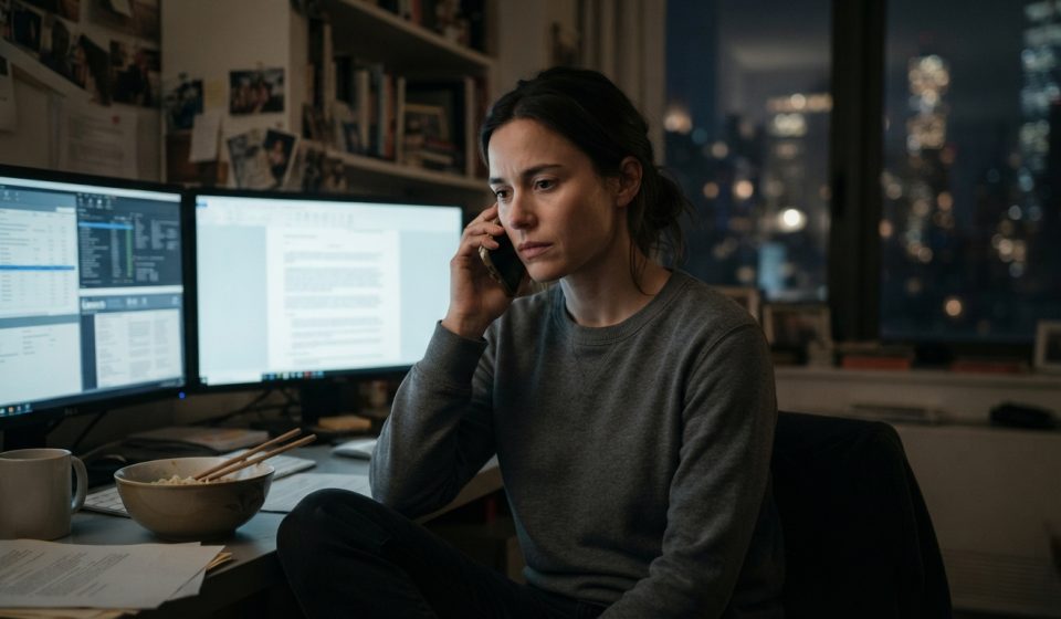A woman sitting beside three glowing computer monitors in her Manhattan apartment while receiving a tense late-night phone call.