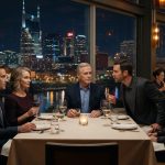 A father sitting calmly at a rooftop family dinner as his adult son points at him during a tense confrontation.