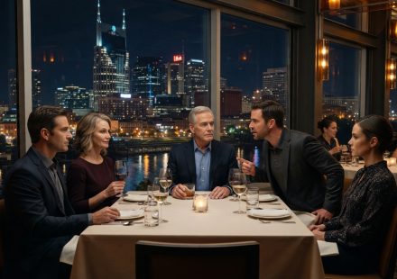 A father sitting calmly at a rooftop family dinner as his adult son points at him during a tense confrontation.