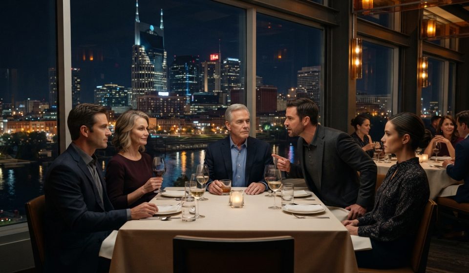 A father sitting calmly at a rooftop family dinner as his adult son points at him during a tense confrontation.