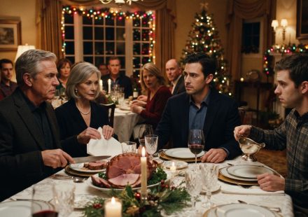 An adult son sitting quietly at a tense family Christmas dinner as his father pauses over the holiday meal and his mother folds her napkin.