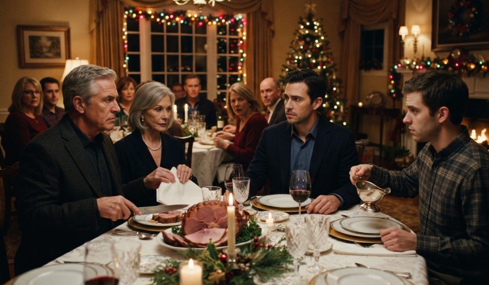 An adult son sitting quietly at a tense family Christmas dinner as his father pauses over the holiday meal and his mother folds her napkin.