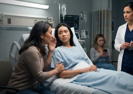 Injured young woman in a hospital bed as her mother pressures her and a doctor enters with her brain scans.