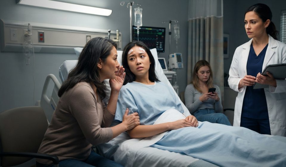 Injured young woman in a hospital bed as her mother pressures her and a doctor enters with her brain scans.