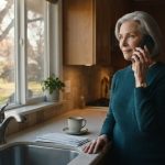 A 68-year-old widow standing in her kitchen during a phone call as her daughter wants to sell her house.