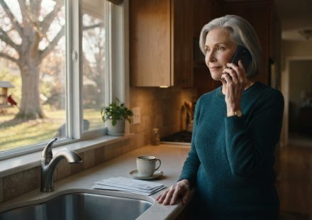 A 68-year-old widow standing in her kitchen during a phone call as her daughter wants to sell her house.
