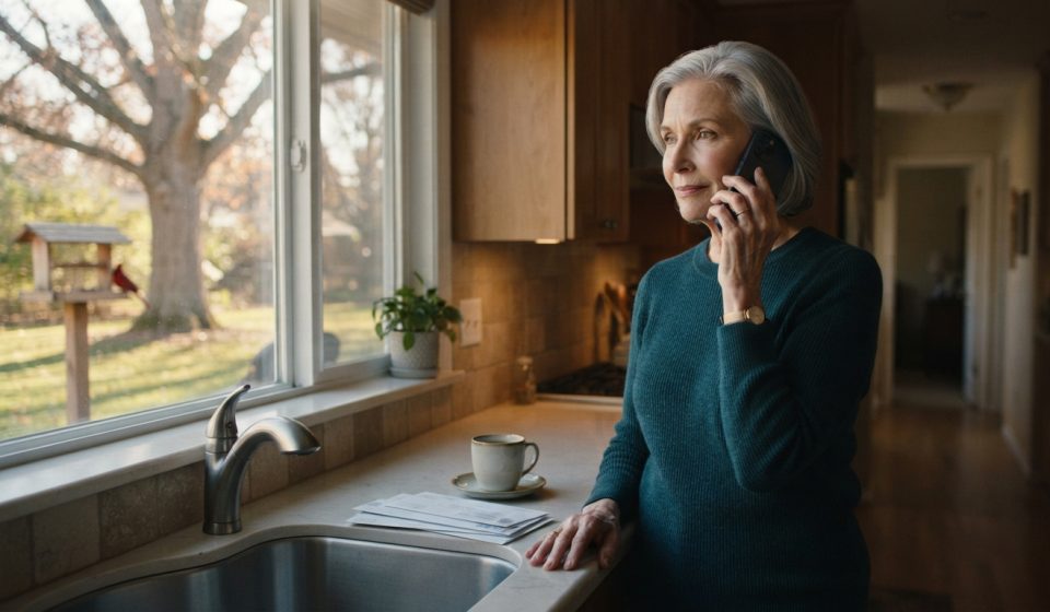 A 68-year-old widow standing in her kitchen during a phone call as her daughter wants to sell her house.