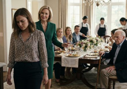 A young woman being pushed toward the kitchen at a family brunch as her 84-year-old grandfather stands up to intervene.
