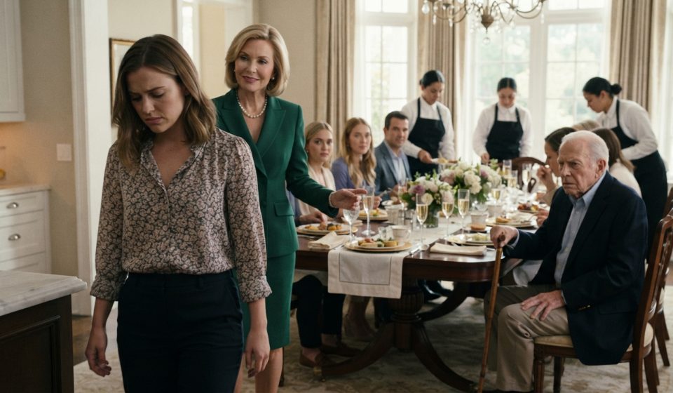 A young woman being pushed toward the kitchen at a family brunch as her 84-year-old grandfather stands up to intervene.