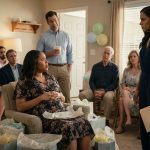 Pregnant Janelle looks stunned at her baby shower as her sister announces the baby wasn't my husband's while Carver unexpectedly laughs.