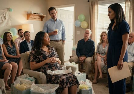 Pregnant Janelle looks stunned at her baby shower as her sister announces the baby wasn't my husband's while Carver unexpectedly laughs.