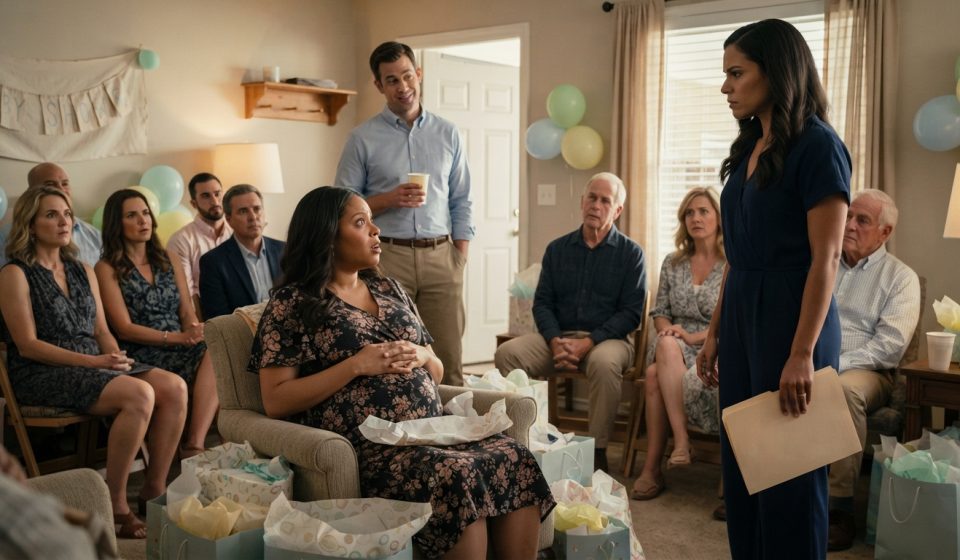 Pregnant Janelle looks stunned at her baby shower as her sister announces the baby wasn't my husband's while Carver unexpectedly laughs.