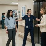 A protective nurse blocks hospital elevator doors as a weak 26-year-old patient prepares to leave with her family.