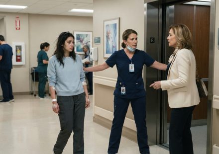 A protective nurse blocks hospital elevator doors as a weak 26-year-old patient prepares to leave with her family.