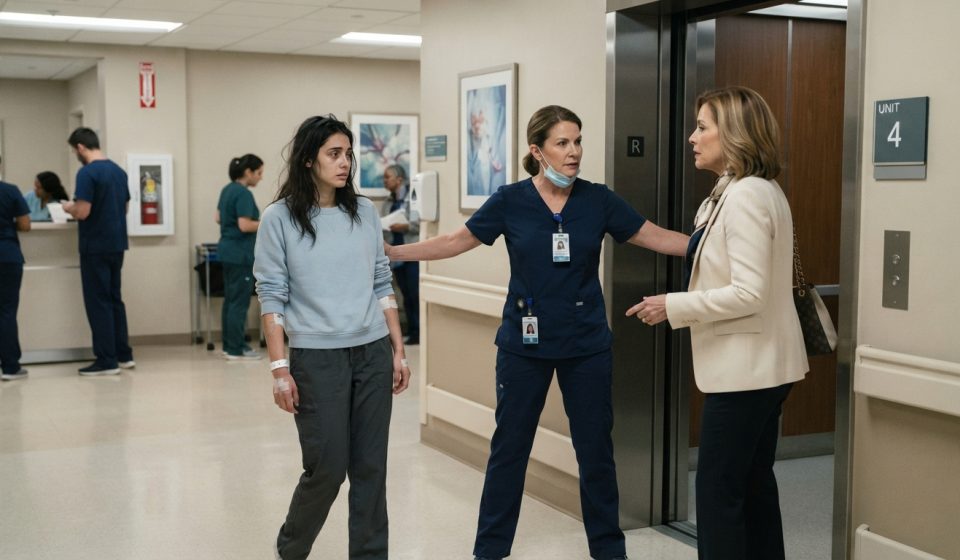 A protective nurse blocks hospital elevator doors as a weak 26-year-old patient prepares to leave with her family.