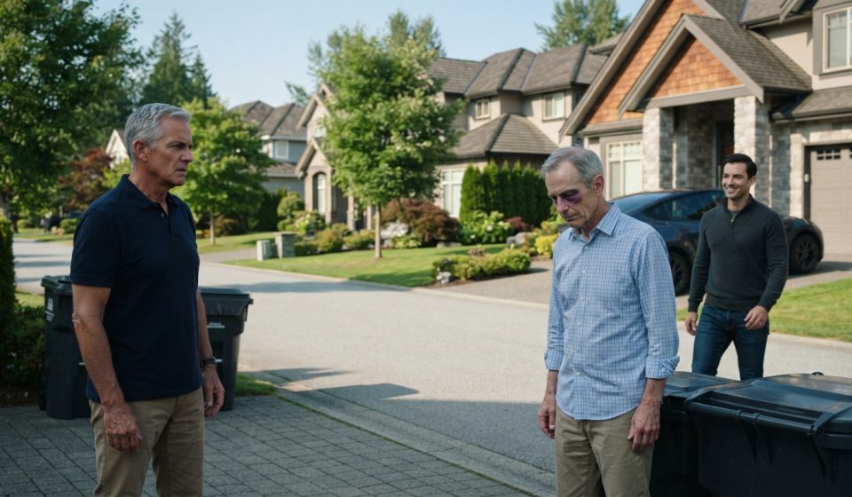 Retired veteran notices his best friend showed up with bruises while his friend's son-in-law approaches outside their Vancouver homes.