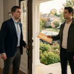 Husband confronting his wife's new boyfriend holding divorce papers at the front door after his wife asked him to leave home.