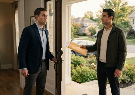 Husband confronting his wife's new boyfriend holding divorce papers at the front door after his wife asked him to leave home.