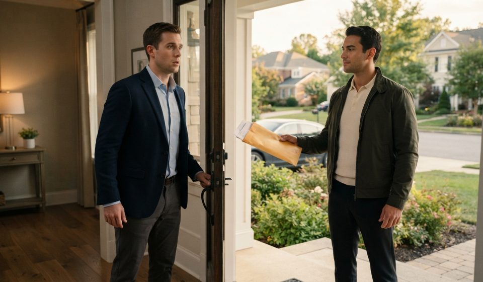 Husband confronting his wife's new boyfriend holding divorce papers at the front door after his wife asked him to leave home.