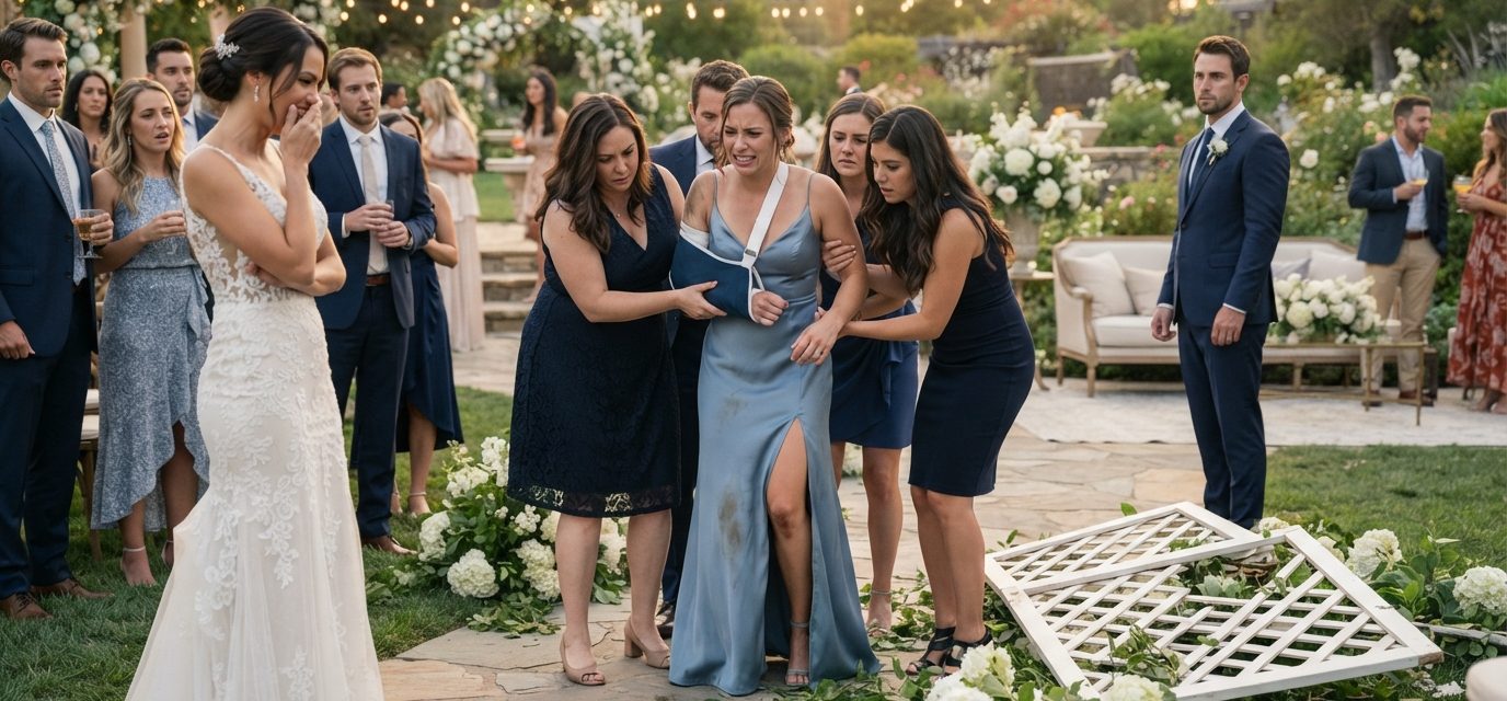 Injured bridesmaid being helped up beside a collapsed floral arch as her sister laughs during an elegant outdoor wedding.