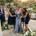 Injured bridesmaid being helped up beside a collapsed floral arch as her sister laughs during an elegant outdoor wedding.