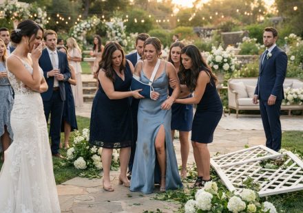 Injured bridesmaid being helped up beside a collapsed floral arch as her sister laughs during an elegant outdoor wedding.