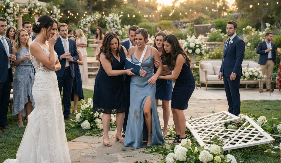 Injured bridesmaid being helped up beside a collapsed floral arch as her sister laughs during an elegant outdoor wedding.