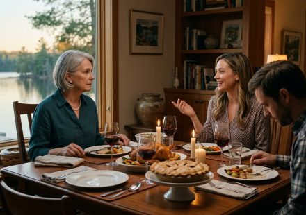 Family dinner at a lake house where relatives make plans about the homeowner's rooms without asking her permission.
