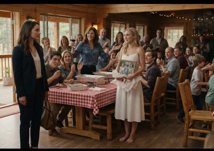 Mother raising her glass toward one daughter during a crowded family reunion while her other daughter watches quietly.