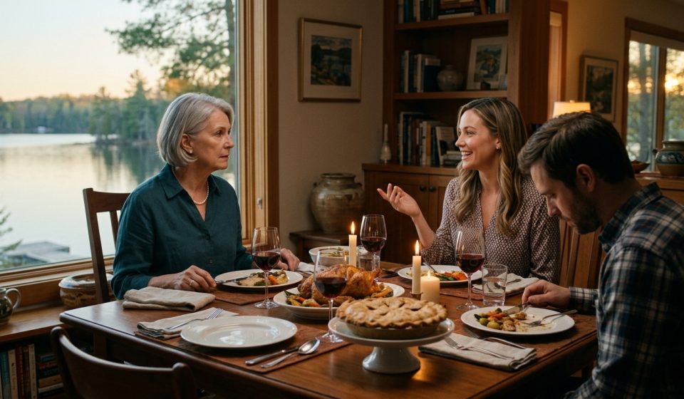 Family dinner at a lake house where relatives make plans about the homeowner's rooms without asking her permission.