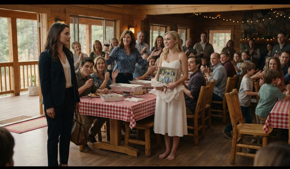 Mother raising her glass toward one daughter during a crowded family reunion while her other daughter watches quietly.