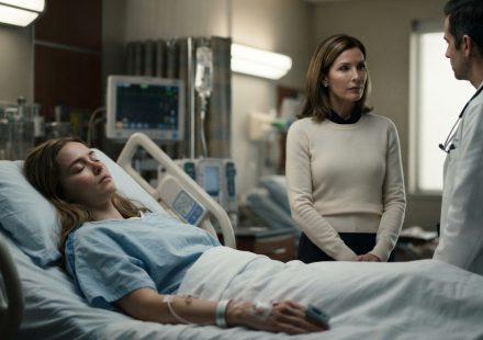 A 32-year-old woman who woke from a coma pretends to remain unconscious while her stepmother speaks beside her hospital bed.