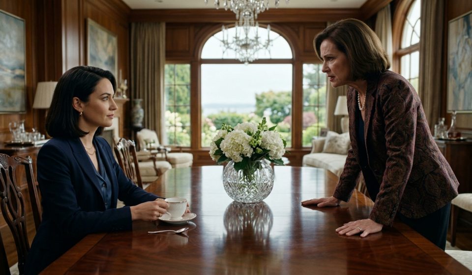 Stepmother told me to move out during a tense confrontation with Carla at the dining table inside their family estate.