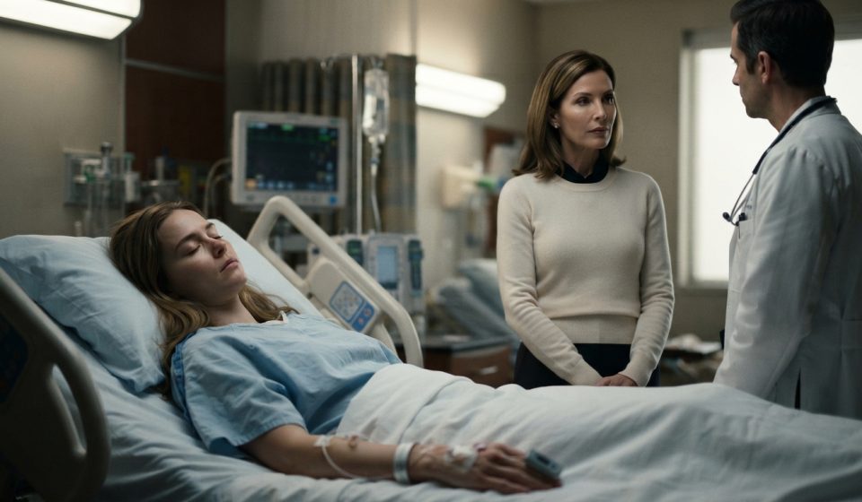A 32-year-old woman who woke from a coma pretends to remain unconscious while her stepmother speaks beside her hospital bed.
