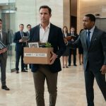 Senior executive fired for not wearing a tie as the CEO's son confronts him with an employee handbook on signing day.