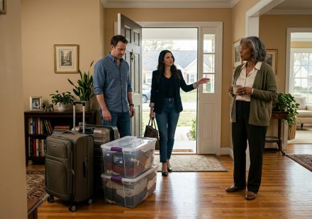 Courtney watches her son and daughter-in-law arrive unannounced with suitcases, treating her peaceful retirement home like a hotel.