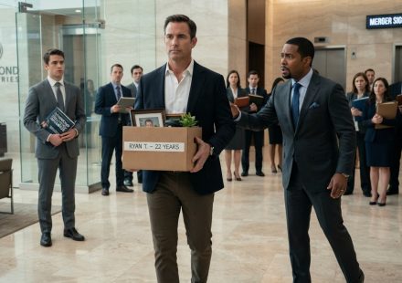 Senior executive fired for not wearing a tie as the CEO's son confronts him with an employee handbook on signing day.