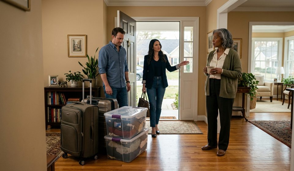 Courtney watches her son and daughter-in-law arrive unannounced with suitcases, treating her peaceful retirement home like a hotel.