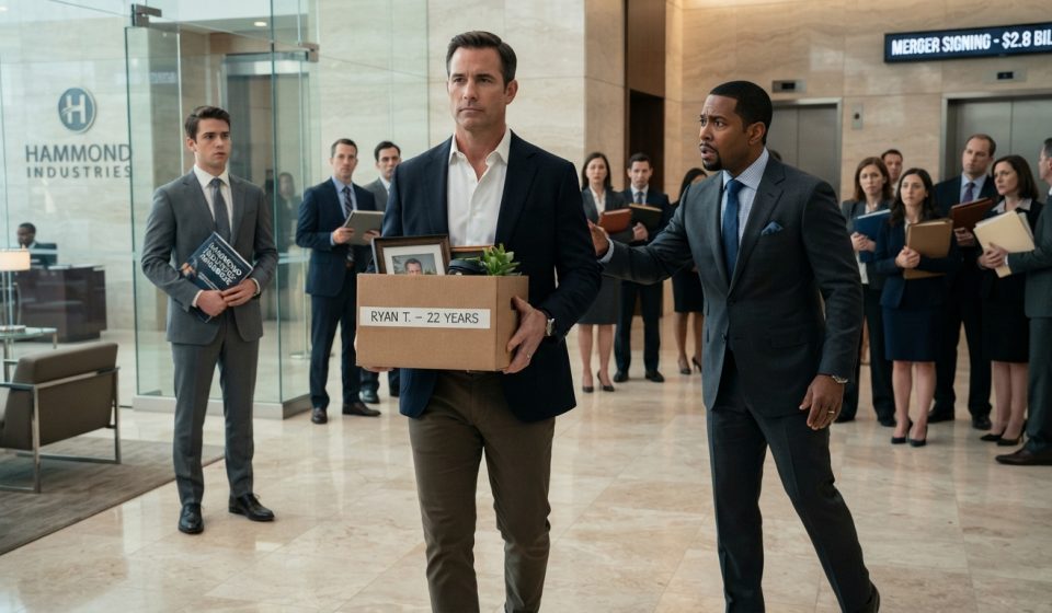 Senior executive fired for not wearing a tie as the CEO's son confronts him with an employee handbook on signing day.