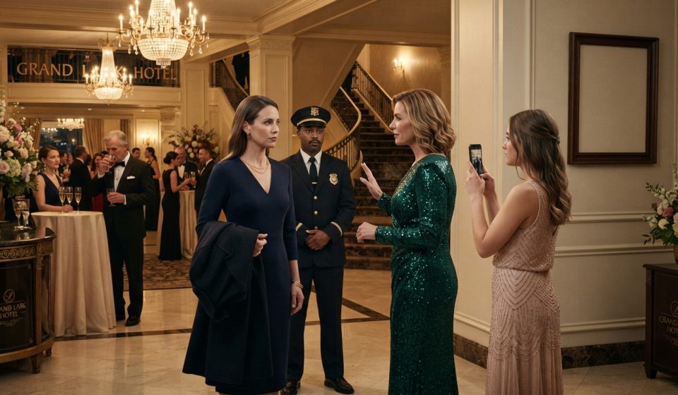 Woman confronted by her stepmother and a security guard during an elegant hotel gala while her father watches from the background.