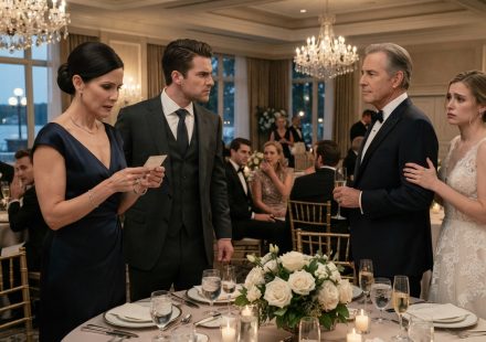 A woman standing beside her seat at her younger brother's wedding as family members react to an insulting place card.