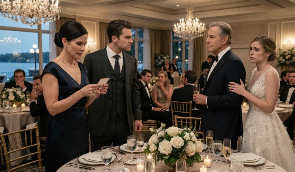A woman standing beside her seat at her younger brother's wedding as family members react to an insulting place card.