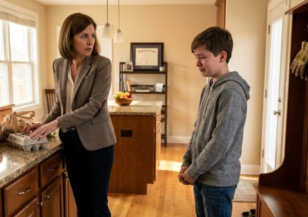 Mother comforting her devastated 12-year-old son after his uncle took his camp money that he earned mowing lawns.