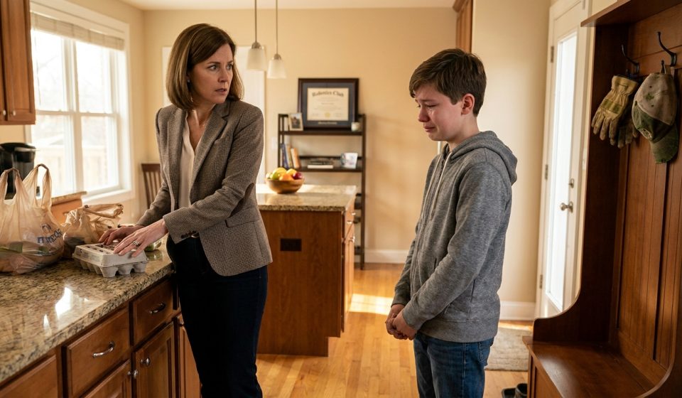 Mother comforting her devastated 12-year-old son after his uncle took his camp money that he earned mowing lawns.