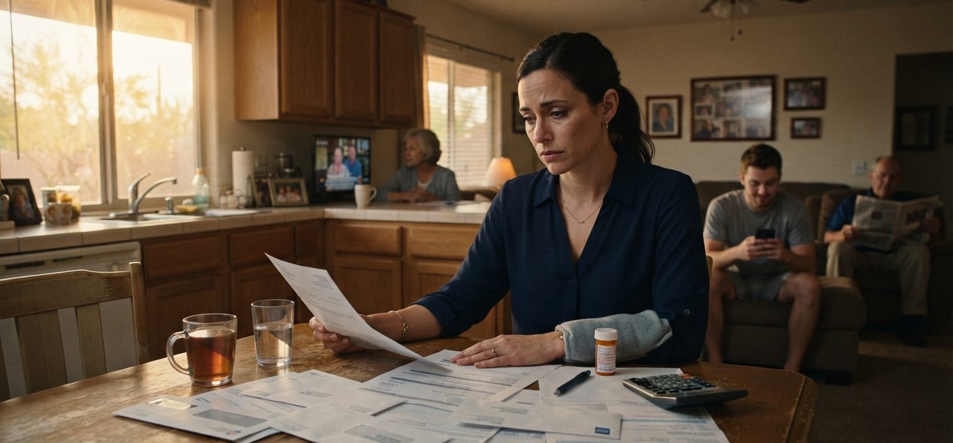 Sick young woman facing intense pressure from her parents and younger brother over her medical savings at the family kitchen table.