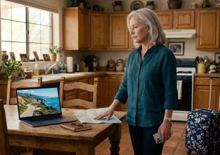 Retired mom asked to cook for a family reunion looks at her phone in her Tucson kitchen while considering different plans.