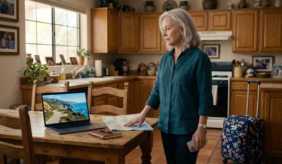 Retired mom asked to cook for a family reunion looks at her phone in her Tucson kitchen while considering different plans.